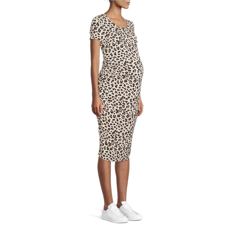 Maternity short sleeve Bodycon Daytime Dress ruching side fit Leopard Print XXL